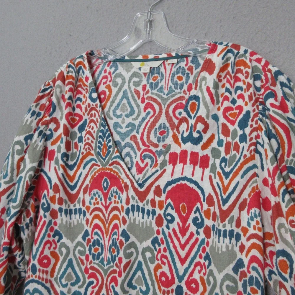 Boden Top Ikat Linen Balloon Puff Sleeve Boho Colorful Boho Coastal Peasant